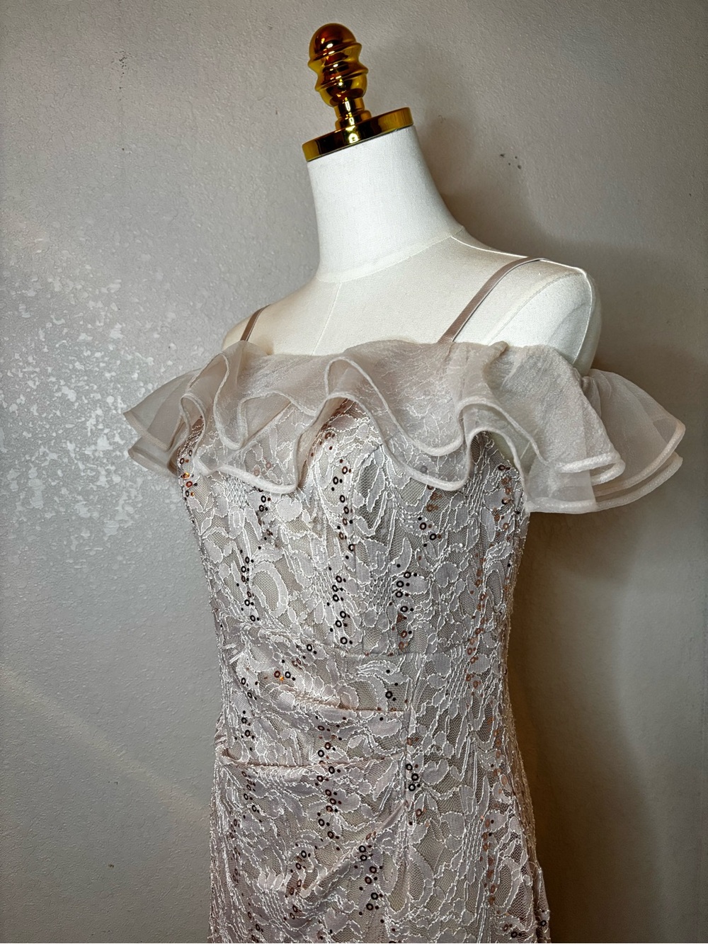 Lace Off-Shoulder Ruffle Evening Dress in Blush